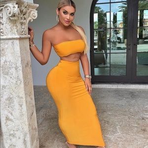 Yellow 2 piece stretch long maxi skirt outfit